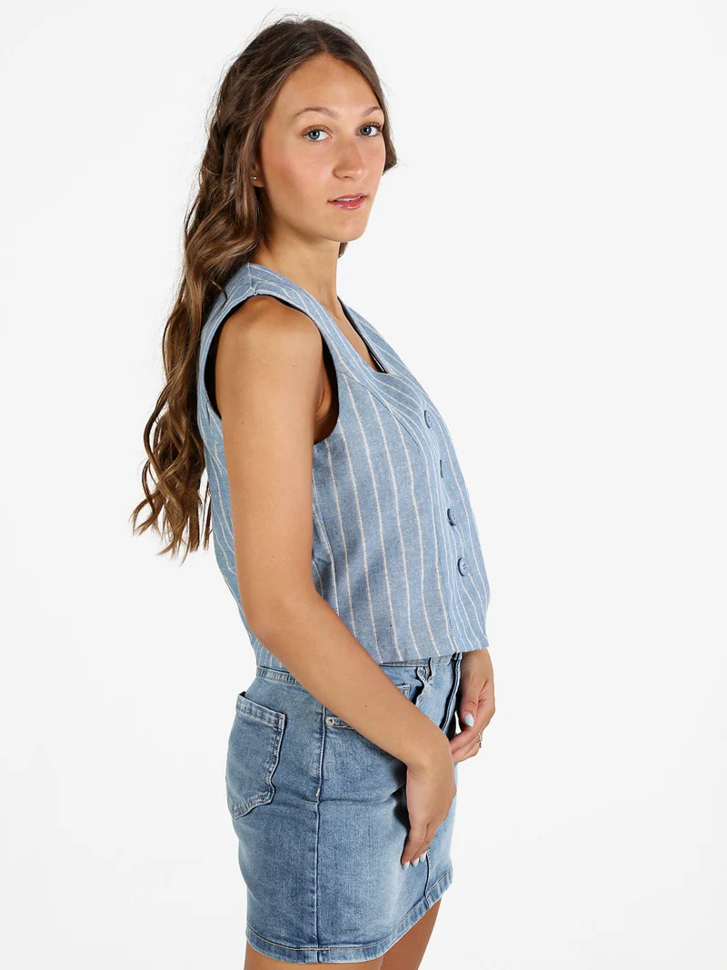 Gilet donna a righe in misto lino e cotone - blu