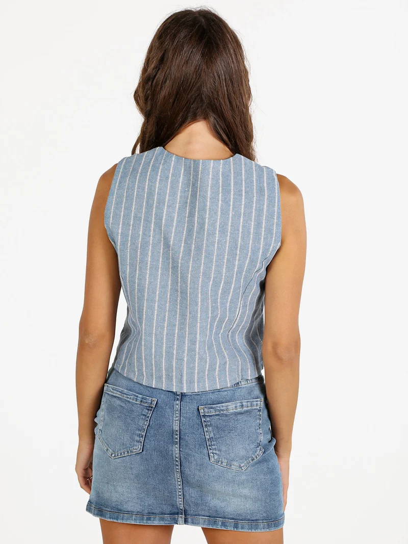 Gilet donna a righe in misto lino e cotone - blu