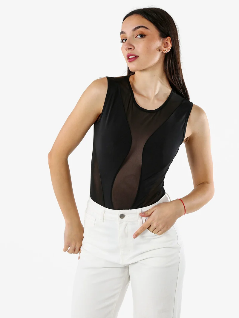 Top body smanicato da donna con inserti a rete - nero