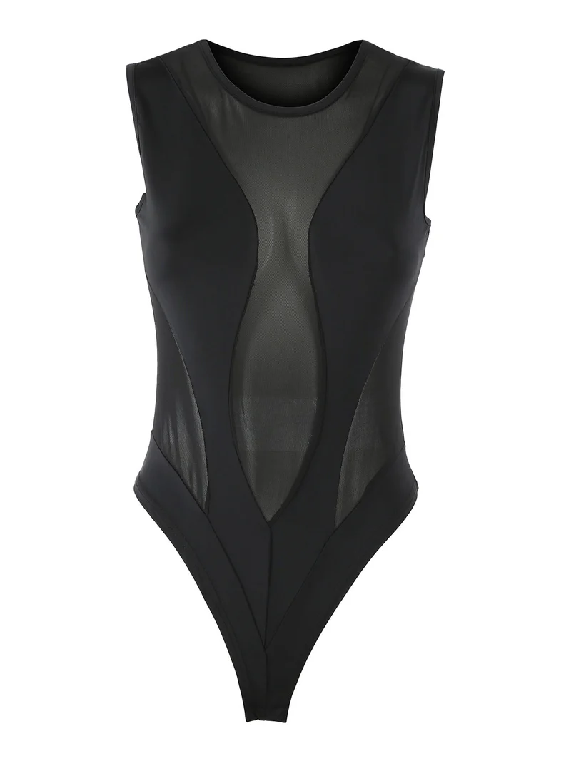 Top body smanicato da donna con inserti a rete - nero