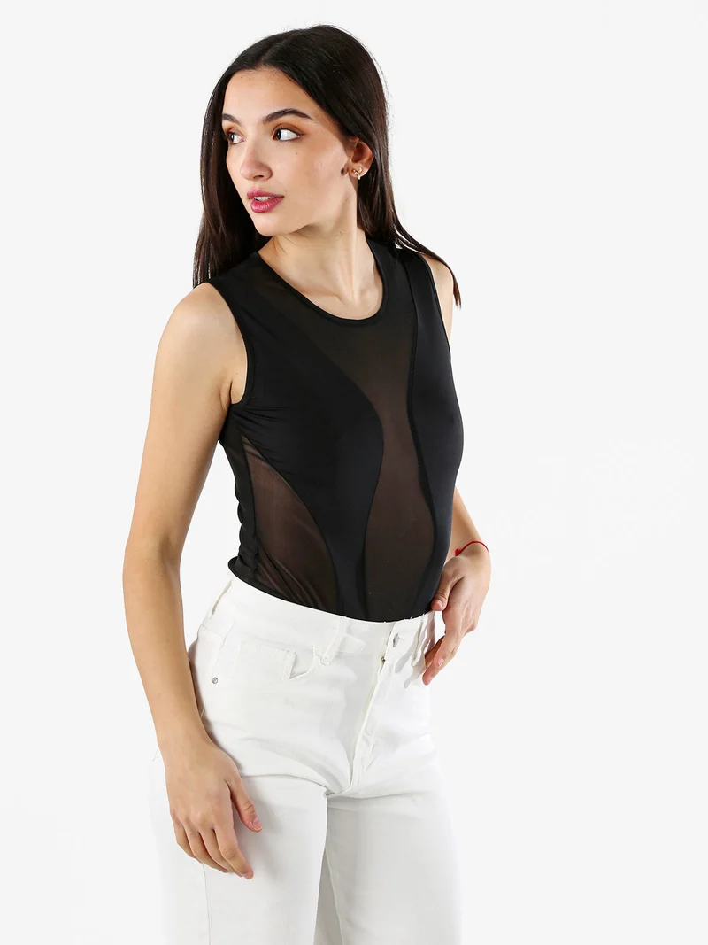 Top body smanicato da donna con inserti a rete - nero