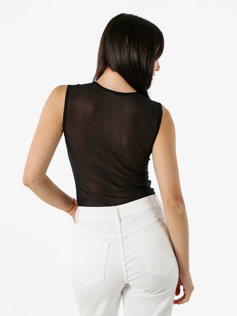 Top body smanicato da donna con inserti a rete - nero