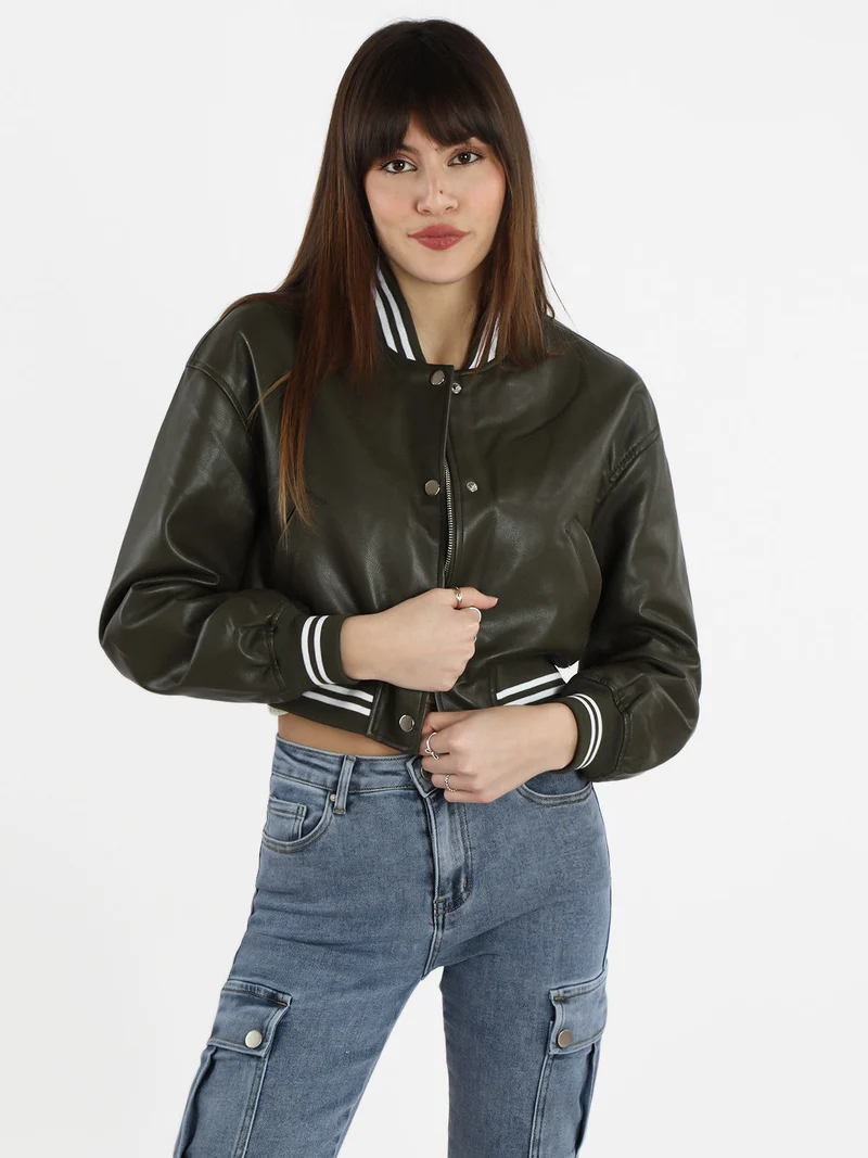 Giacca bomber in ecopelle da donna - verde scuro