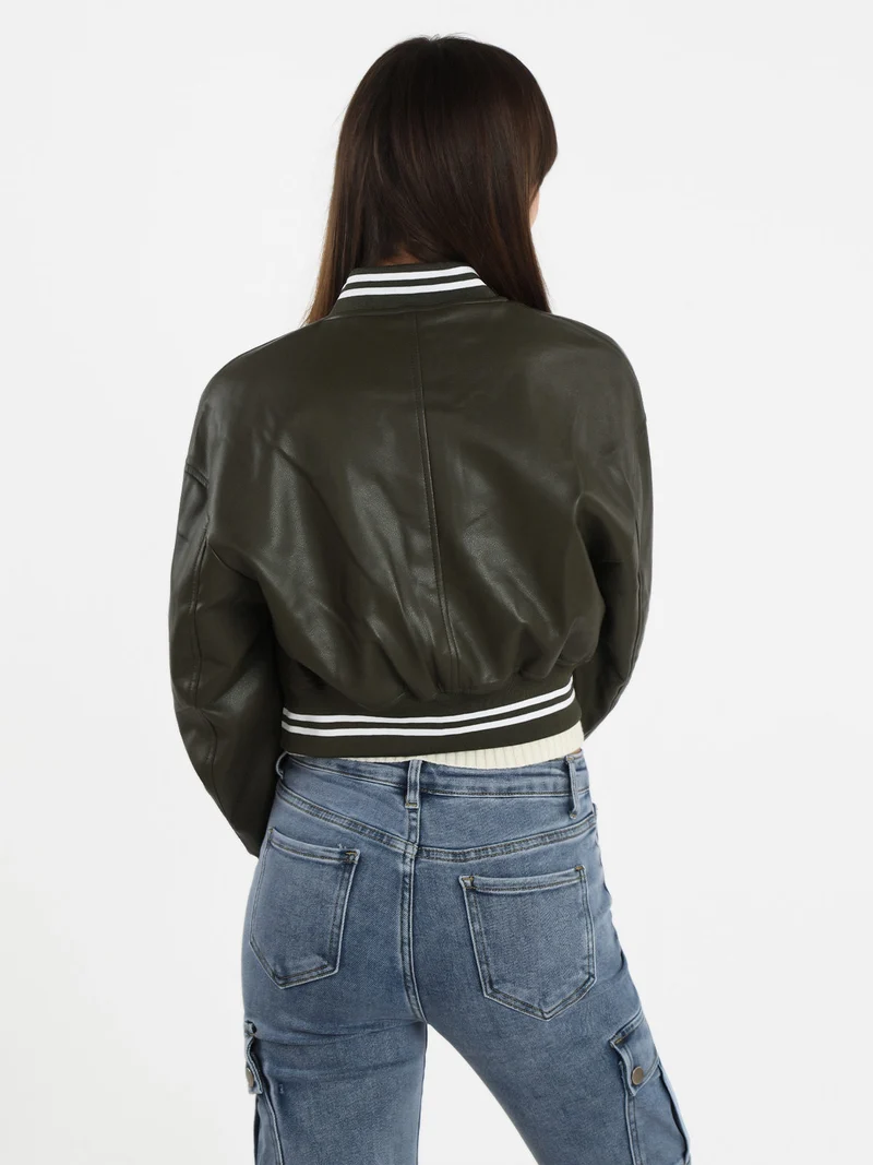 Giacca bomber in ecopelle da donna - verde scuro