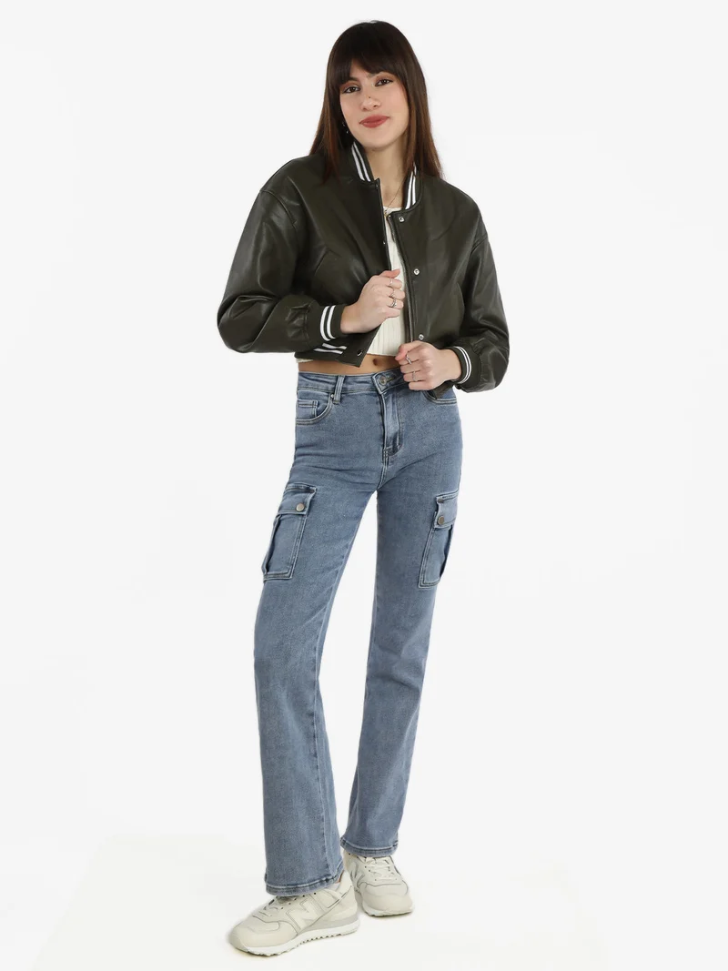 Giacca bomber in ecopelle da donna - verde scuro