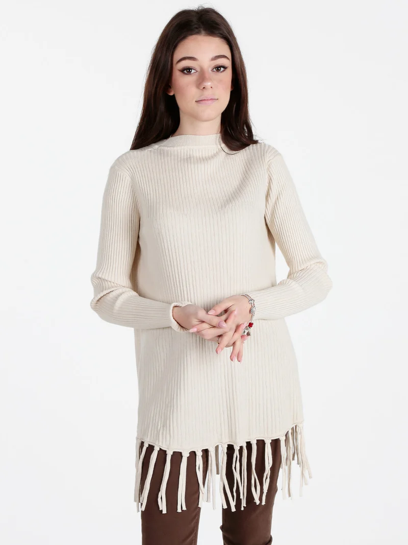 Maglione donna a costine con frange - beige