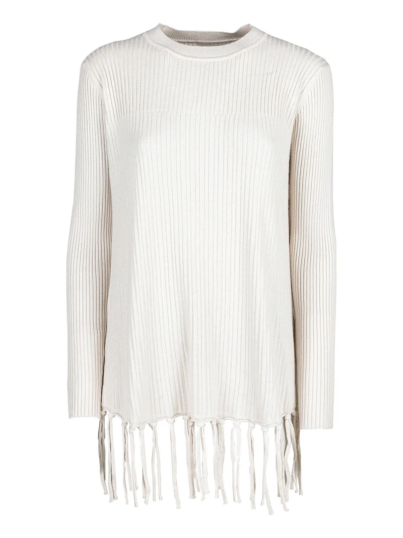 Maglione donna a costine con frange - beige