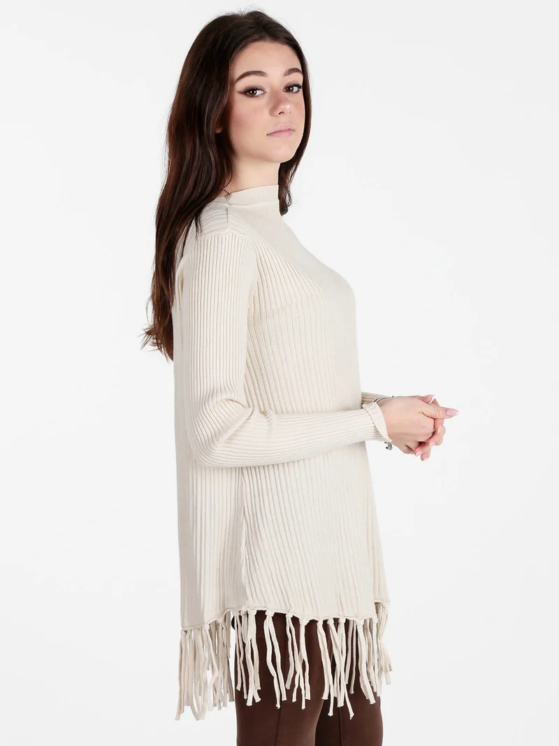 Maglione donna a costine con frange - beige