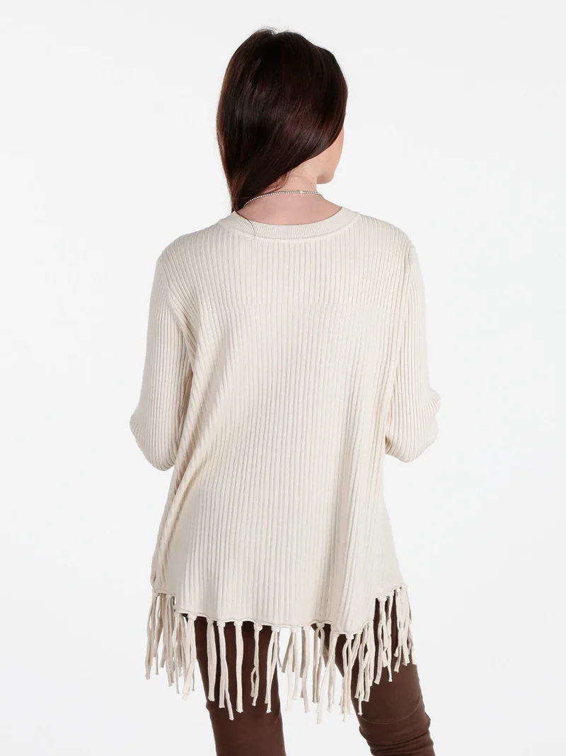 Maglione donna a costine con frange - beige
