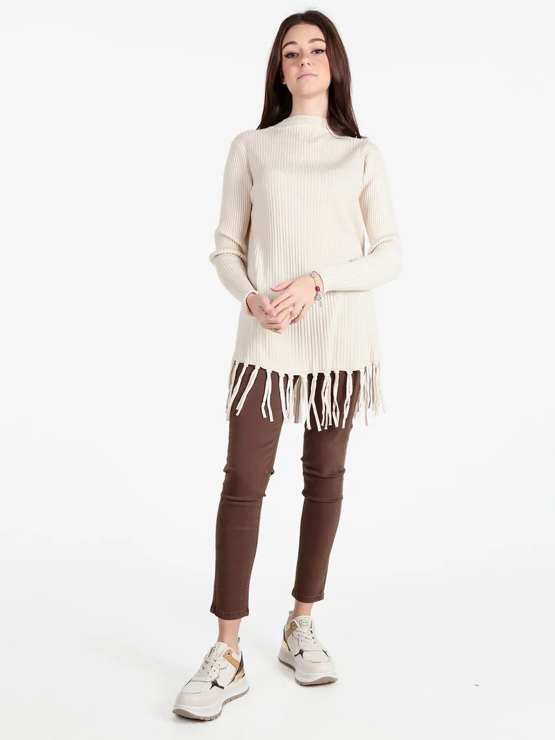 Maglione donna a costine con frange - beige