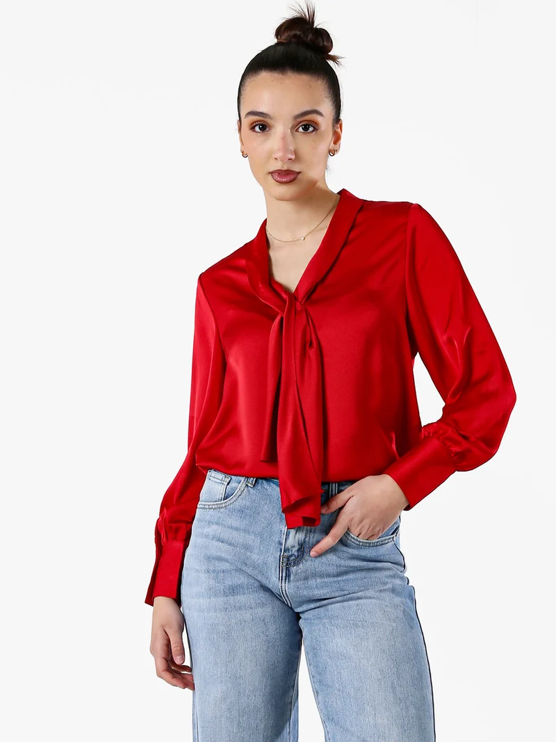 Blusa donna a maniche lunghe in tessuto simil raso - rosso