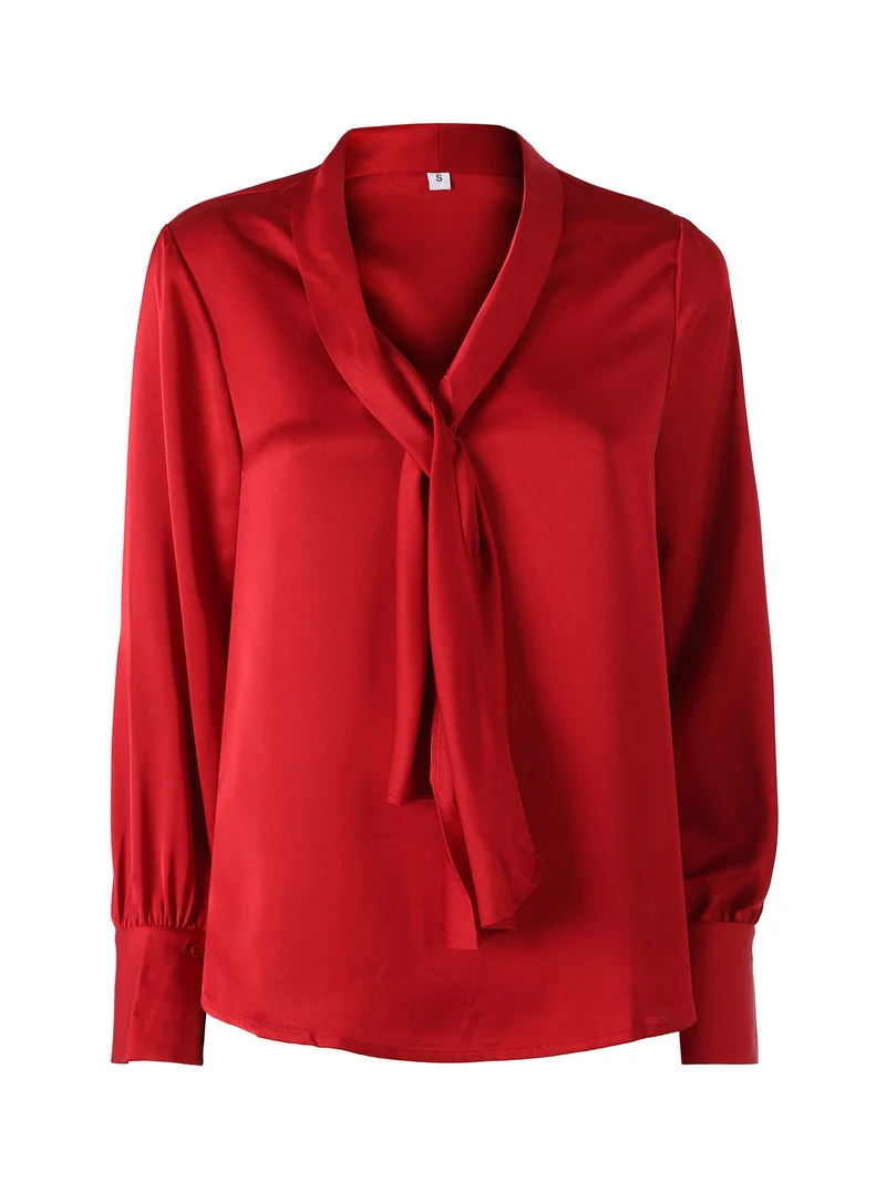 Blusa donna a maniche lunghe in tessuto simil raso - rosso