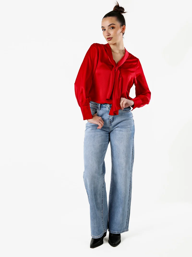 Blusa donna a maniche lunghe in tessuto simil raso - rosso