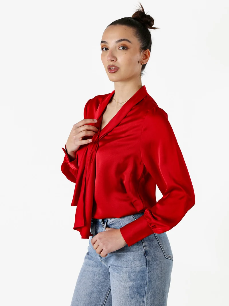 Blusa donna a maniche lunghe in tessuto simil raso - rosso