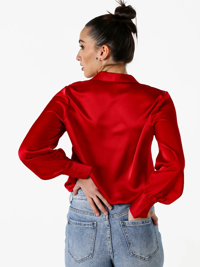 Blusa donna a maniche lunghe in tessuto simil raso - rosso