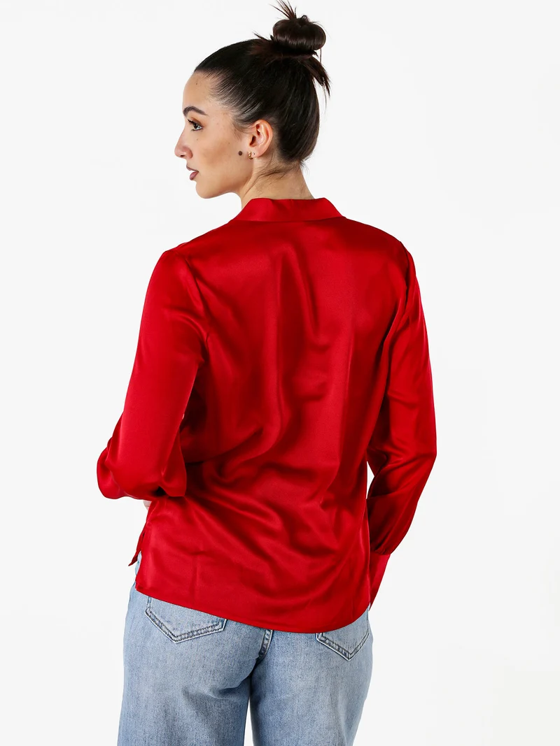Blusa donna a maniche lunghe in tessuto simil raso - rosso