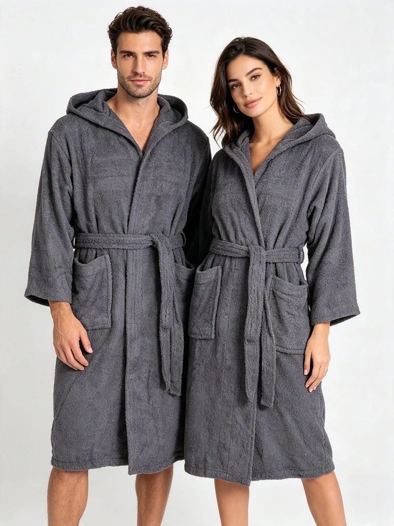 Accappatoio unisex in spugna di cotone con cappuccio - grigio scuro