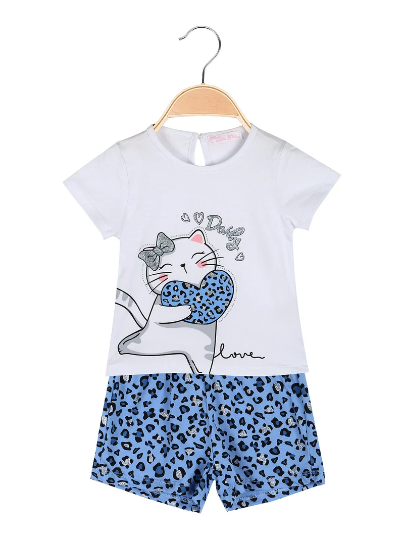 Completo corto da neonata con t-shirt e shorts animalier - bianco
