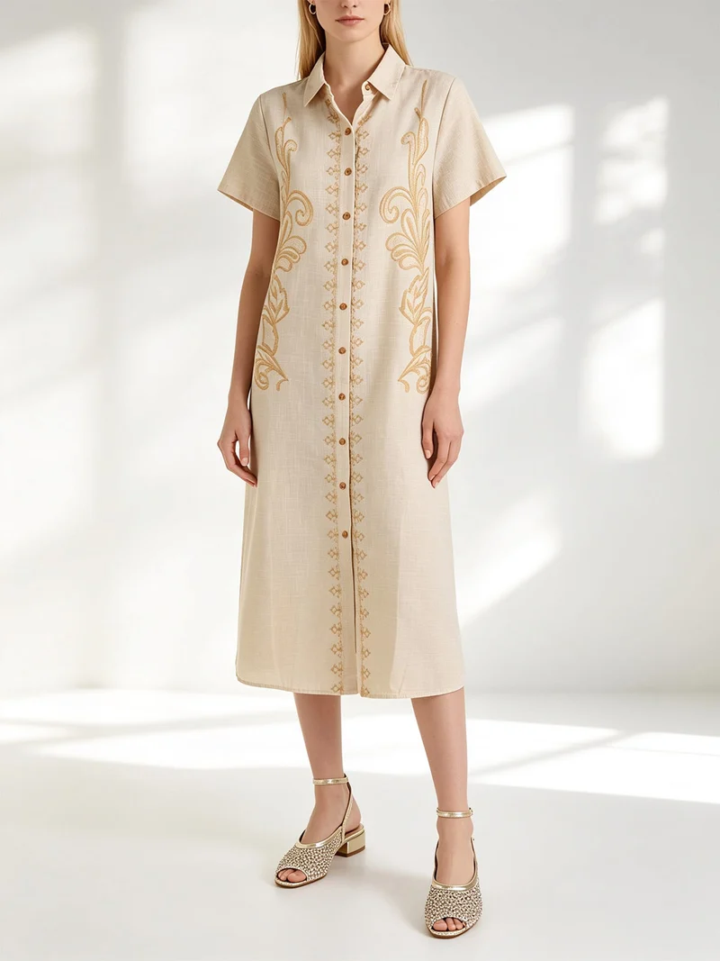 Abito donna a maniche corte in misto lino con ricami - beige