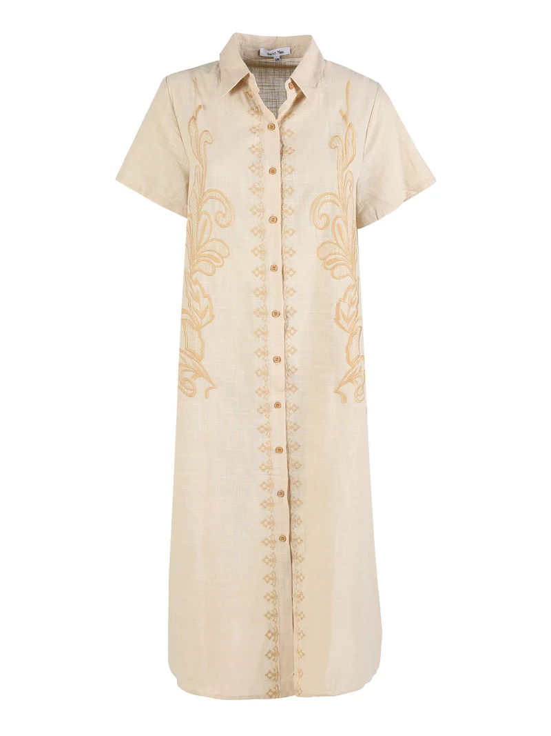 Abito donna a maniche corte in misto lino con ricami - beige