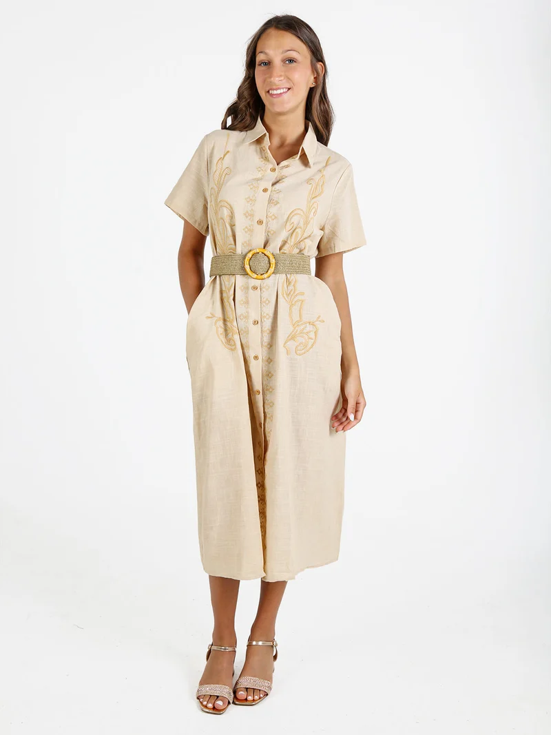 Abito donna a maniche corte in misto lino con ricami - beige
