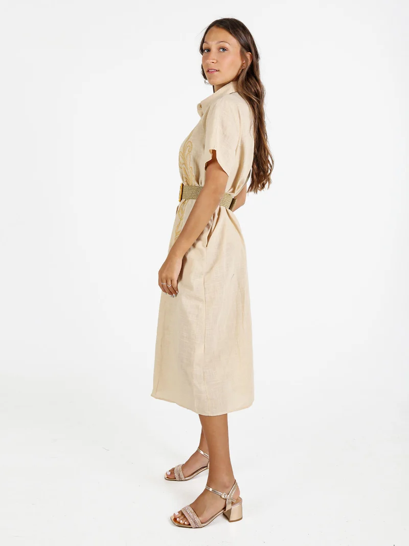 Abito donna a maniche corte in misto lino con ricami - beige