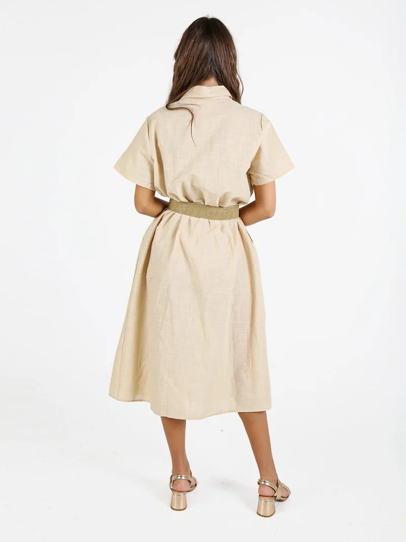 Abito donna a maniche corte in misto lino con ricami - beige