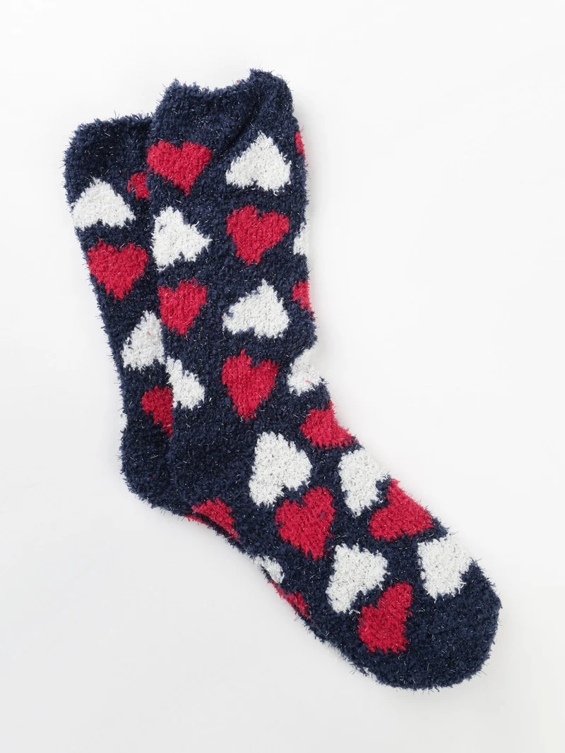 Calze donna in ciniglia con stampa cuore - blu