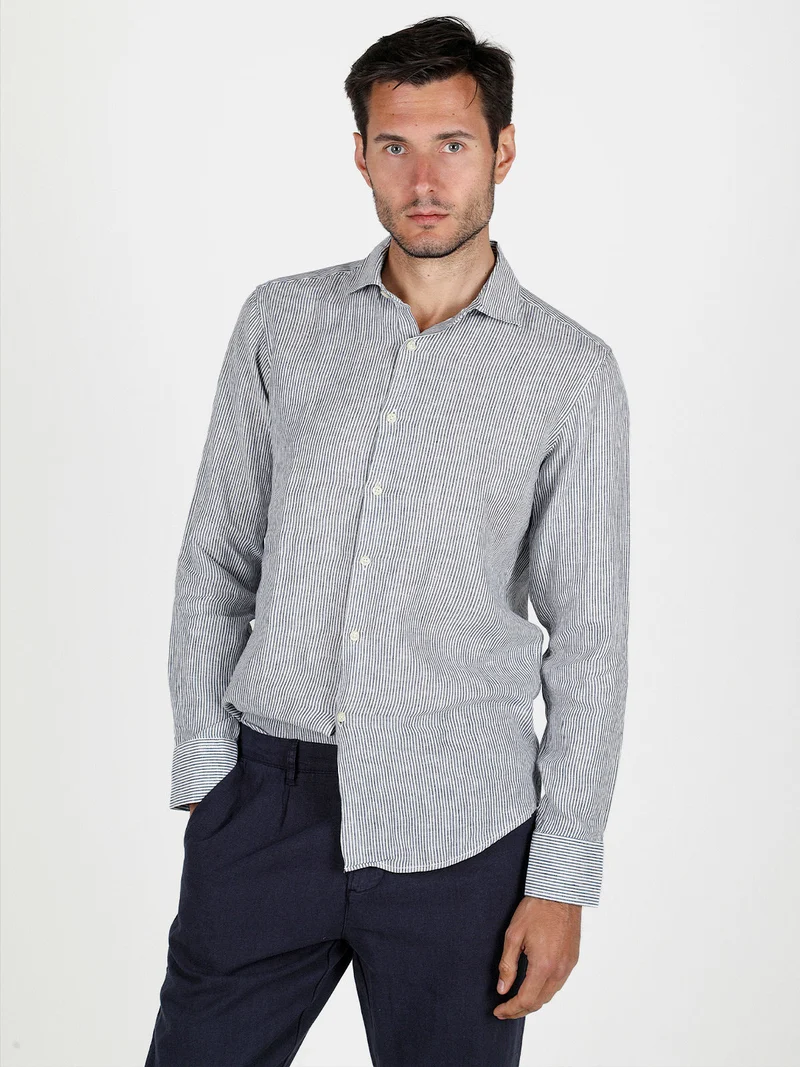 Camicia in lino da uomo a fantasia rigata - blu
