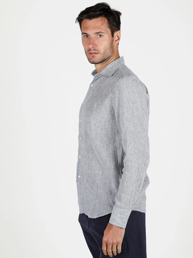 Camicia in lino da uomo a fantasia rigata - blu