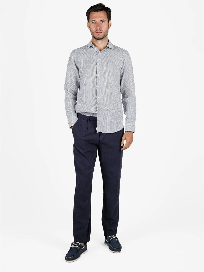 Camicia in lino da uomo a fantasia rigata - blu