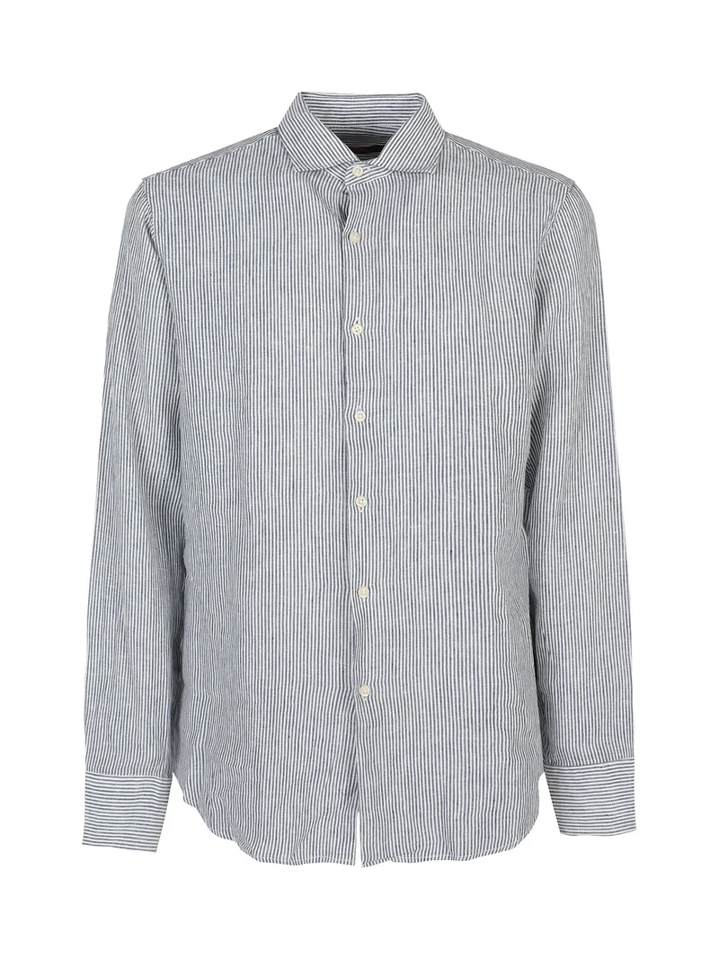 Camicia in lino da uomo a fantasia rigata - blu