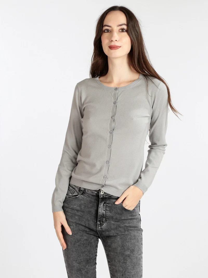 Cardigan girocollo da donna con bottoni - grigio