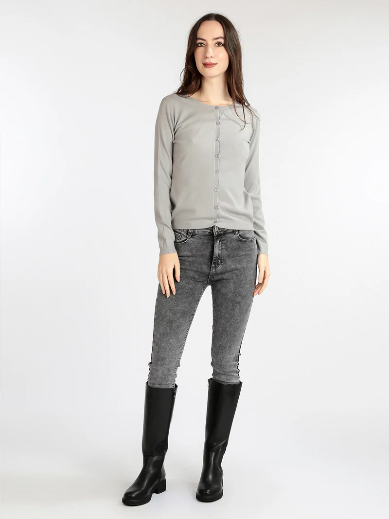 Cardigan girocollo da donna con bottoni - grigio