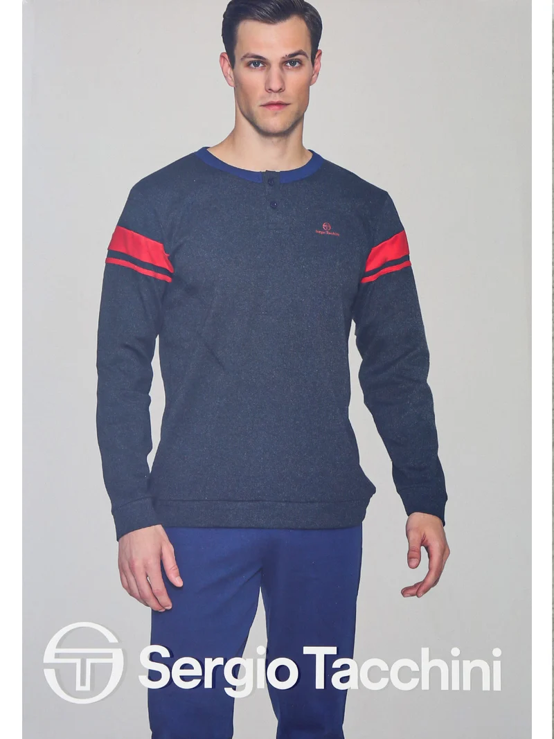 Pigiama lungo da uomo in cotone interlock - grigio scuro