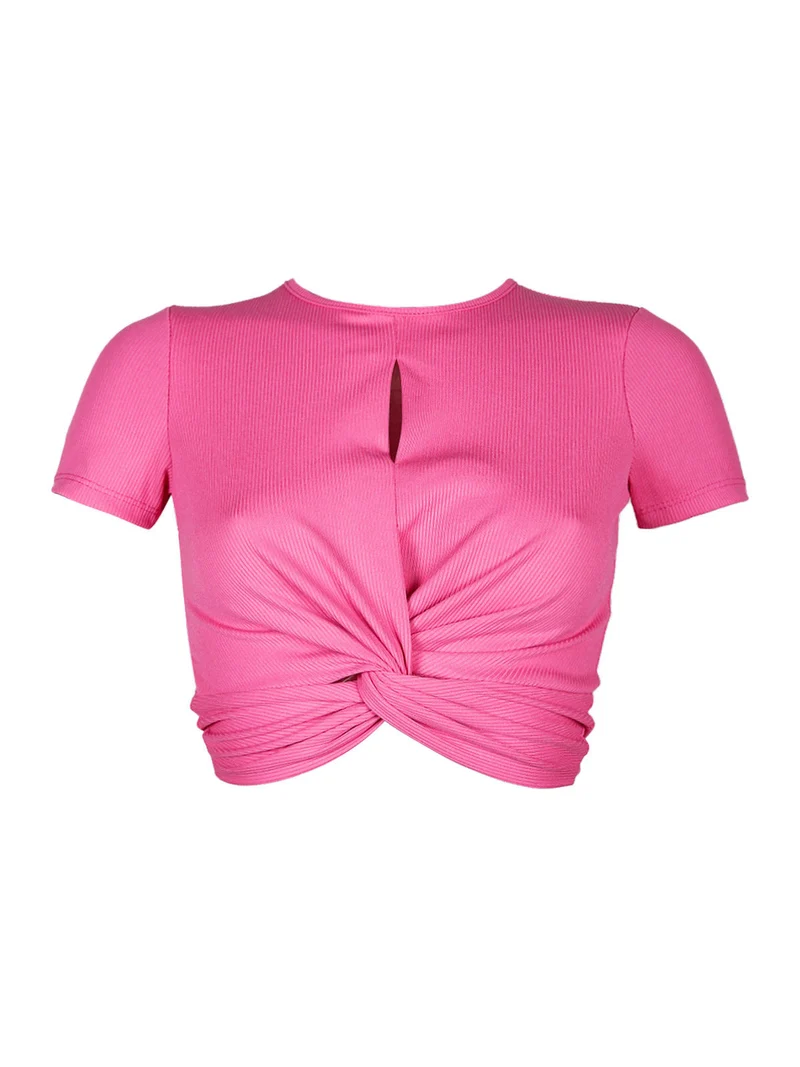 T-shirt cropped da donna a costine - fucsia