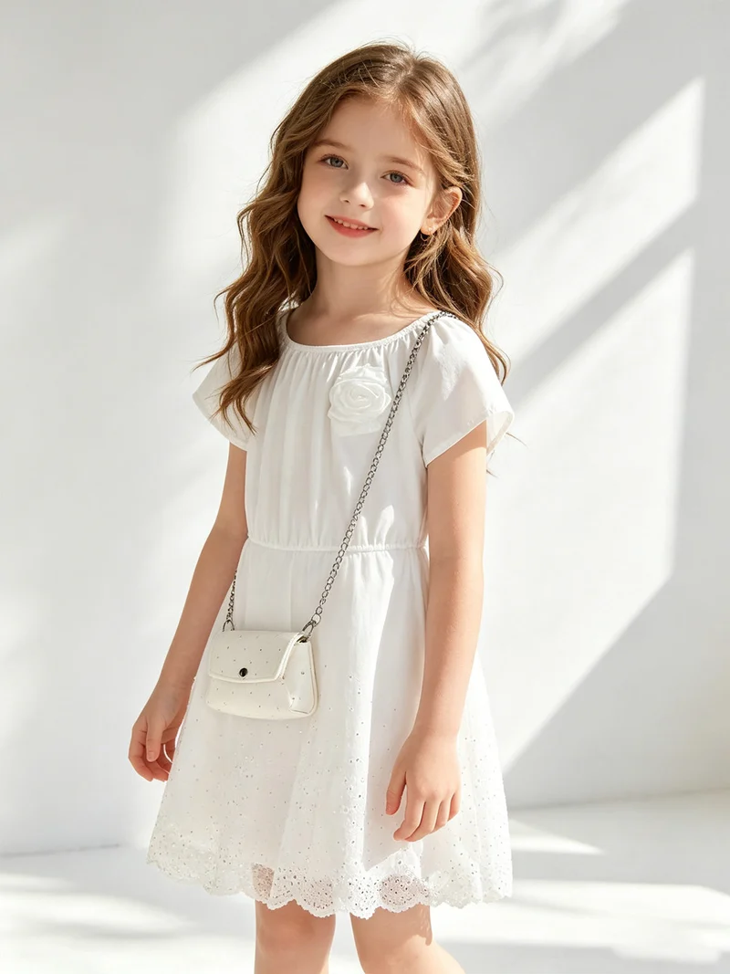 Vestito da bambina a maniche corte con gonna in tulle e strass - bianco