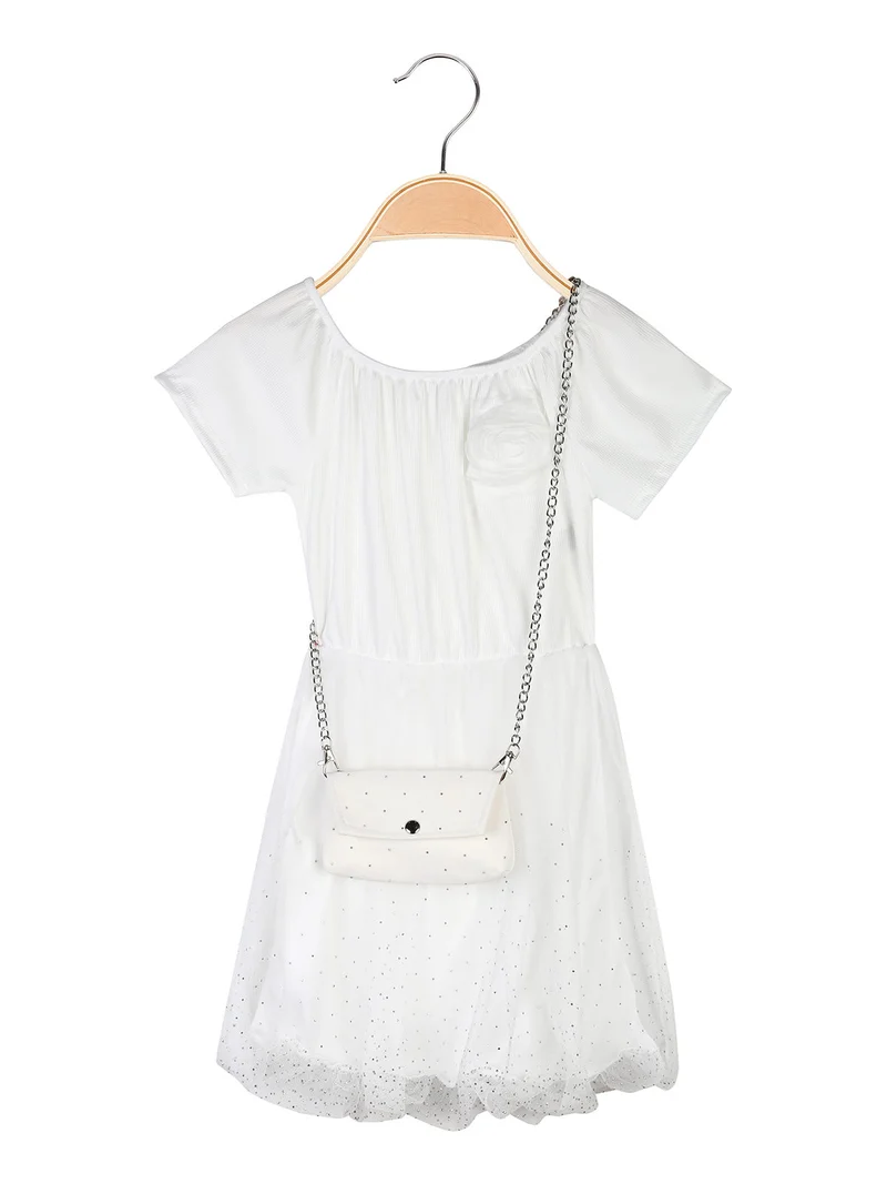 Vestito da bambina a maniche corte con gonna in tulle e strass - bianco