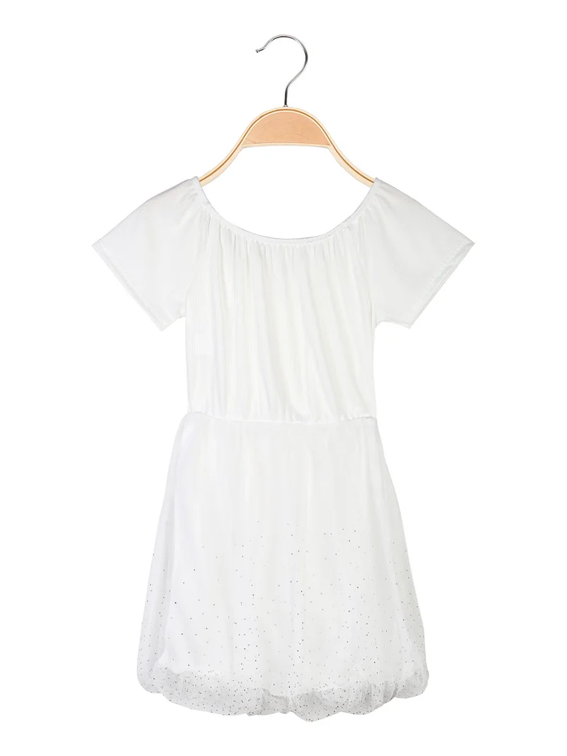 Vestito da bambina a maniche corte con gonna in tulle e strass - bianco