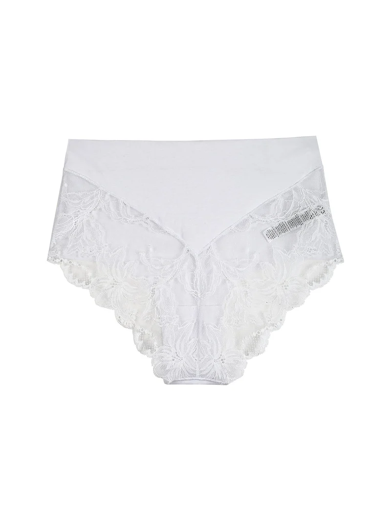 Slip donna taglio laser a vita alta in cotone e pizzo - bianco