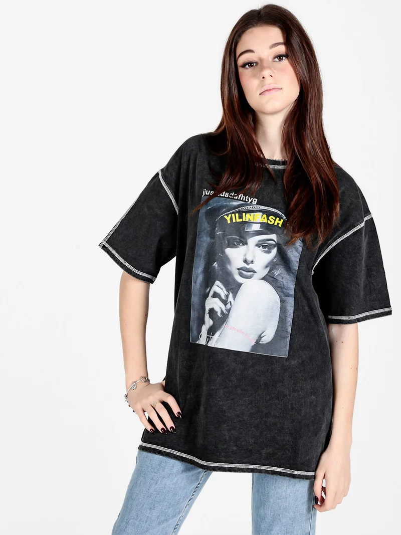 Maxi t-shirt donna oversize con stampa - nero