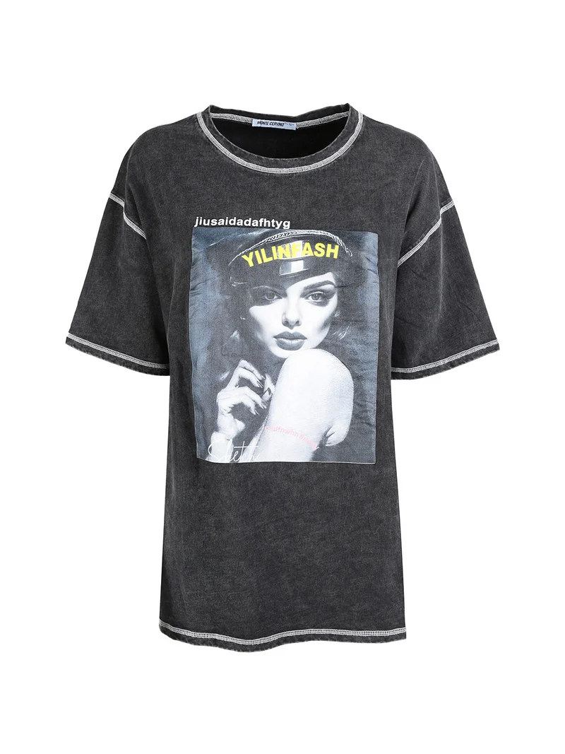Maxi t-shirt donna oversize con stampa - nero