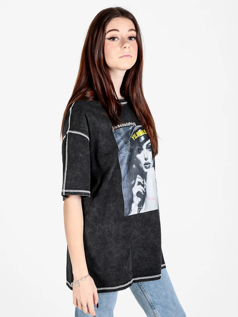 Maxi t-shirt donna oversize con stampa - nero