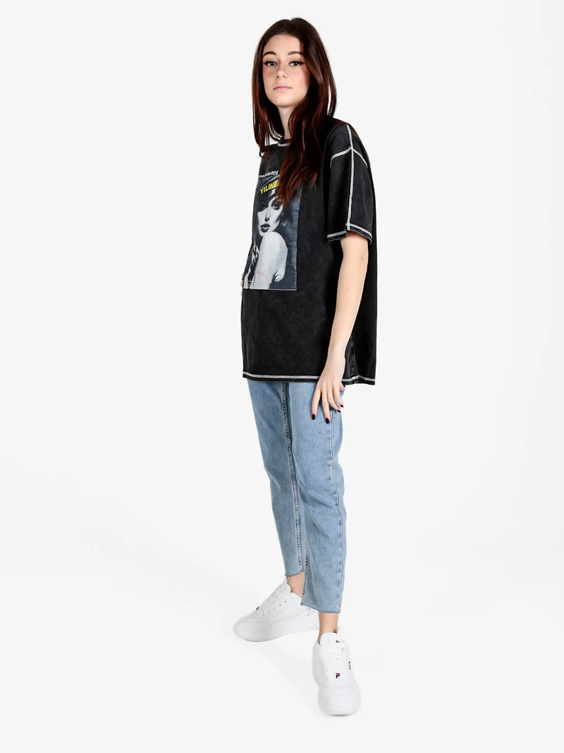 Maxi t-shirt donna oversize con stampa - nero