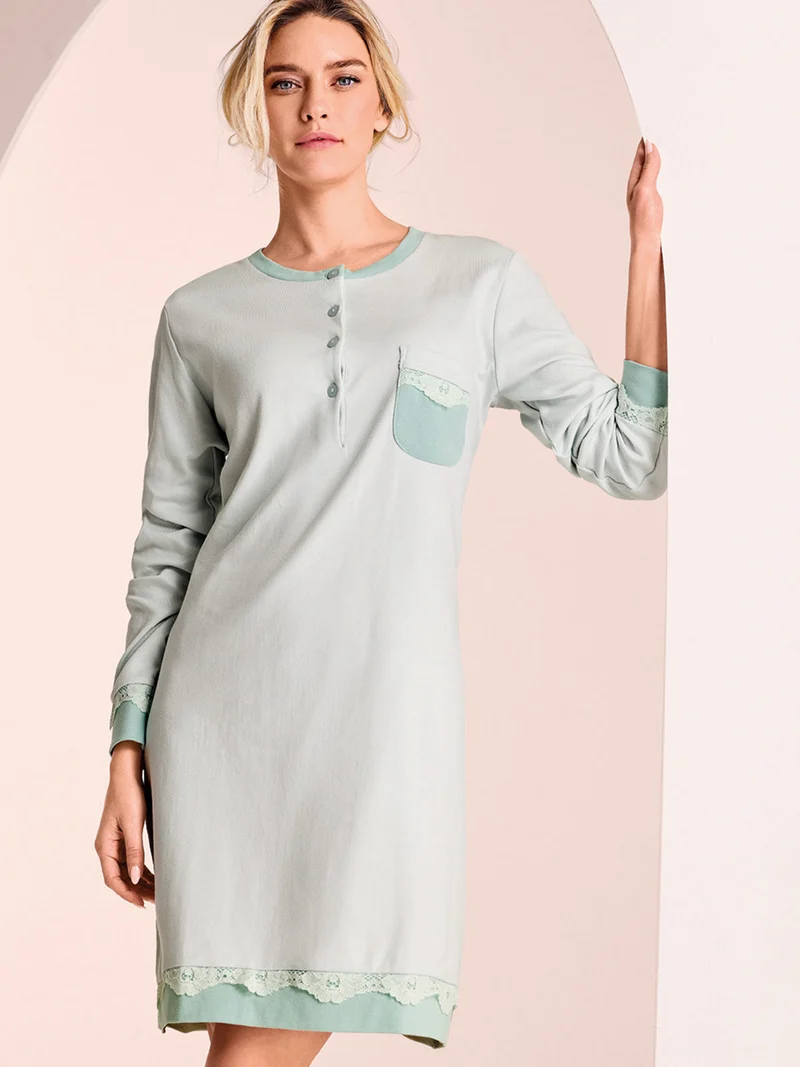 Camicia da notte donna in cotone interlock a maniche lunghe - acqua marina