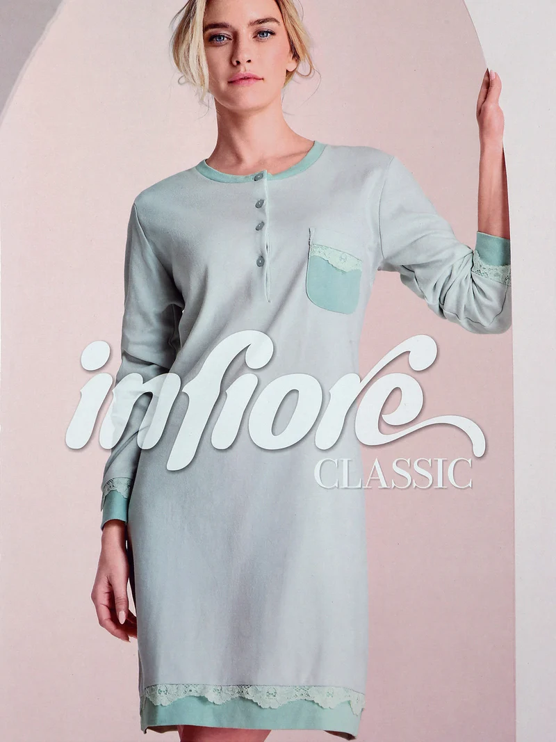 Camicia da notte donna in cotone interlock a maniche lunghe - acqua marina