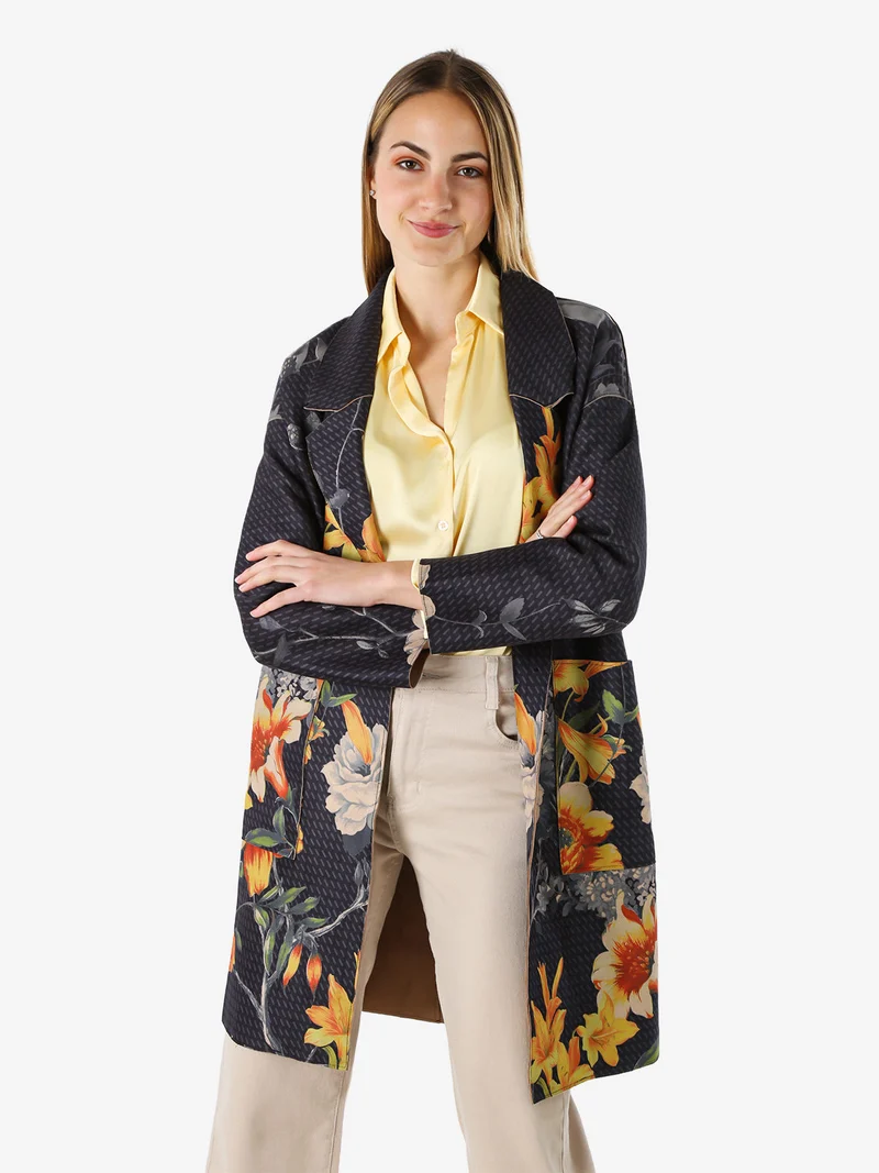 Cappotto donna oversize in tessuto scamosciato con stampe floreali - nero