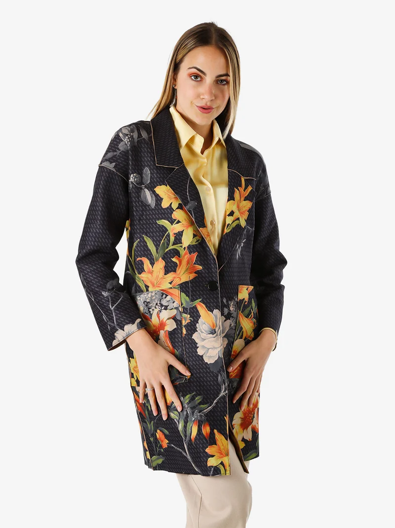 Cappotto donna oversize in tessuto scamosciato con stampe floreali - nero