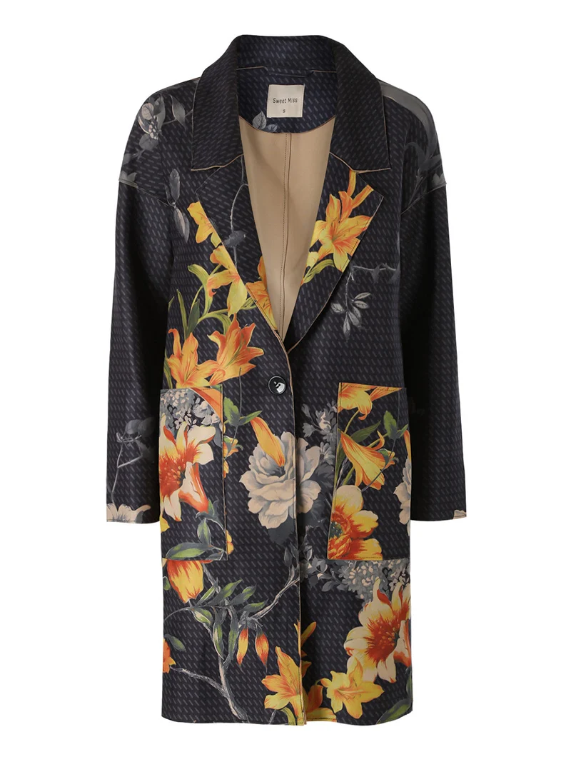 Cappotto donna oversize in tessuto scamosciato con stampe floreali - nero