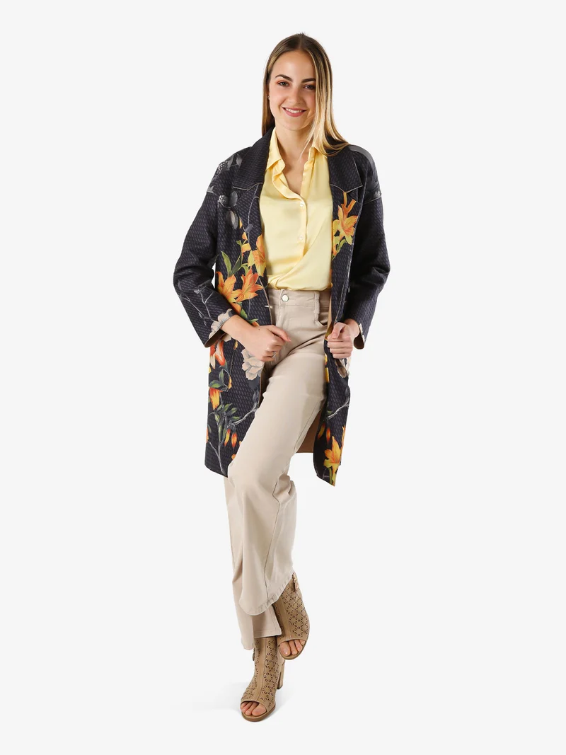 Cappotto donna oversize in tessuto scamosciato con stampe floreali - nero